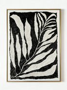 Large vertical hand-painted abstract botanical oil painting featuring white leaves with heavy texture on a black background.