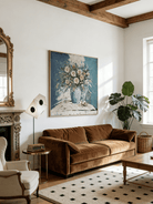 impasto still life painting– glowing pink roses against deep indigo background, dark romantic floral art for bedroom or study