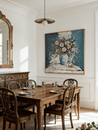 impasto still life painting– glowing pink roses against deep indigo background, dark romantic floral art for bedroom or study