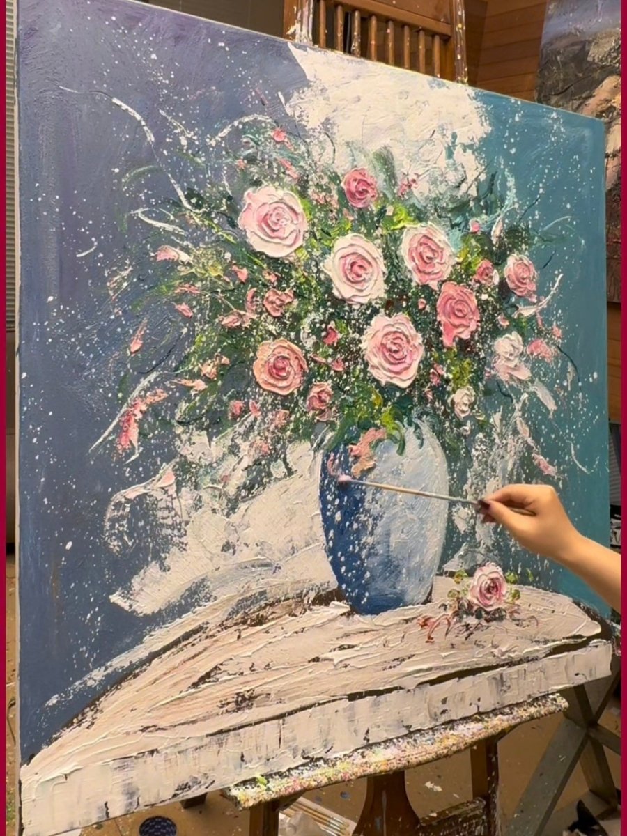 impasto still life painting– glowing pink roses against deep indigo background, dark romantic floral art for bedroom or study