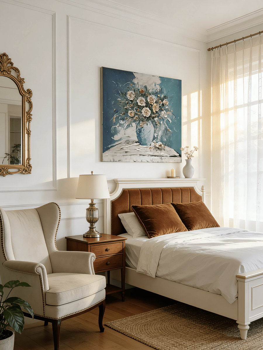 impasto still life painting– glowing pink roses against deep indigo background, dark romantic floral art for bedroom or study