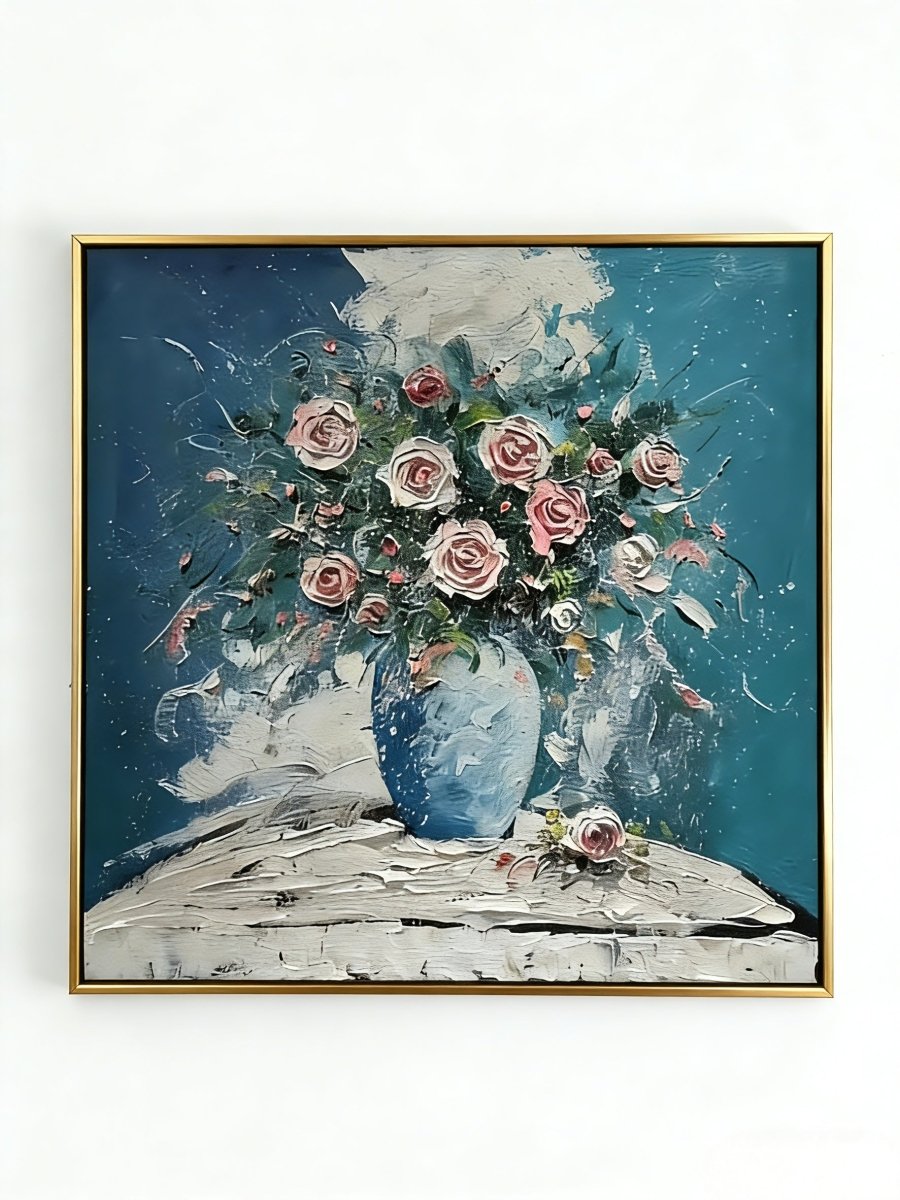 impasto still life painting– glowing pink roses against deep indigo background, dark romantic floral art for bedroom or study