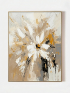 Large hand-painted modern abstract canvas painting with 3D heavy palette knife texture featuring a gold and white floral burst by Luna Xiao for luxury living room decor.