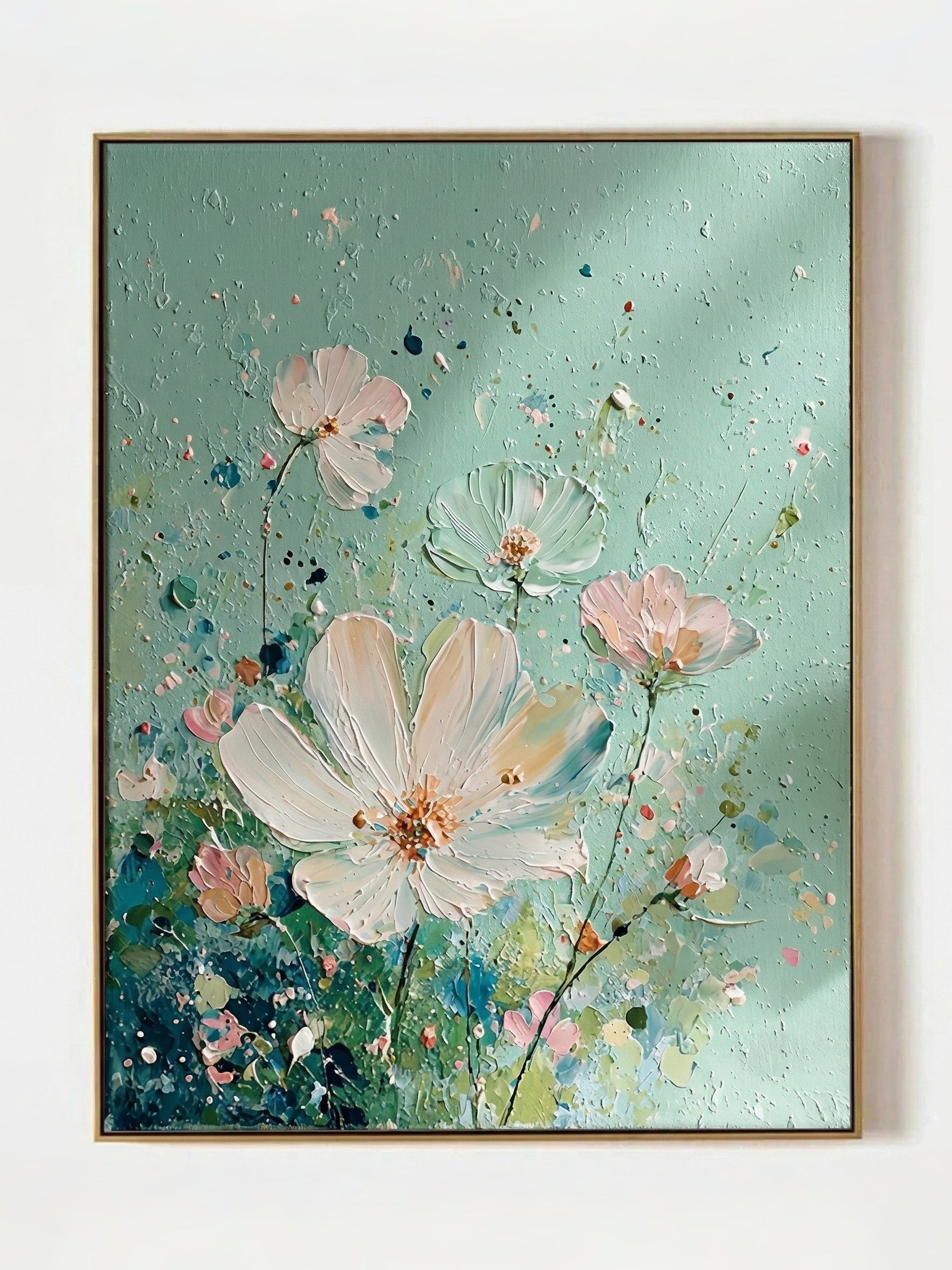 Close-up of 3D heavy textured white flowers with palette knife strokes on a sage green background, hand-painted by Luna Xiao.