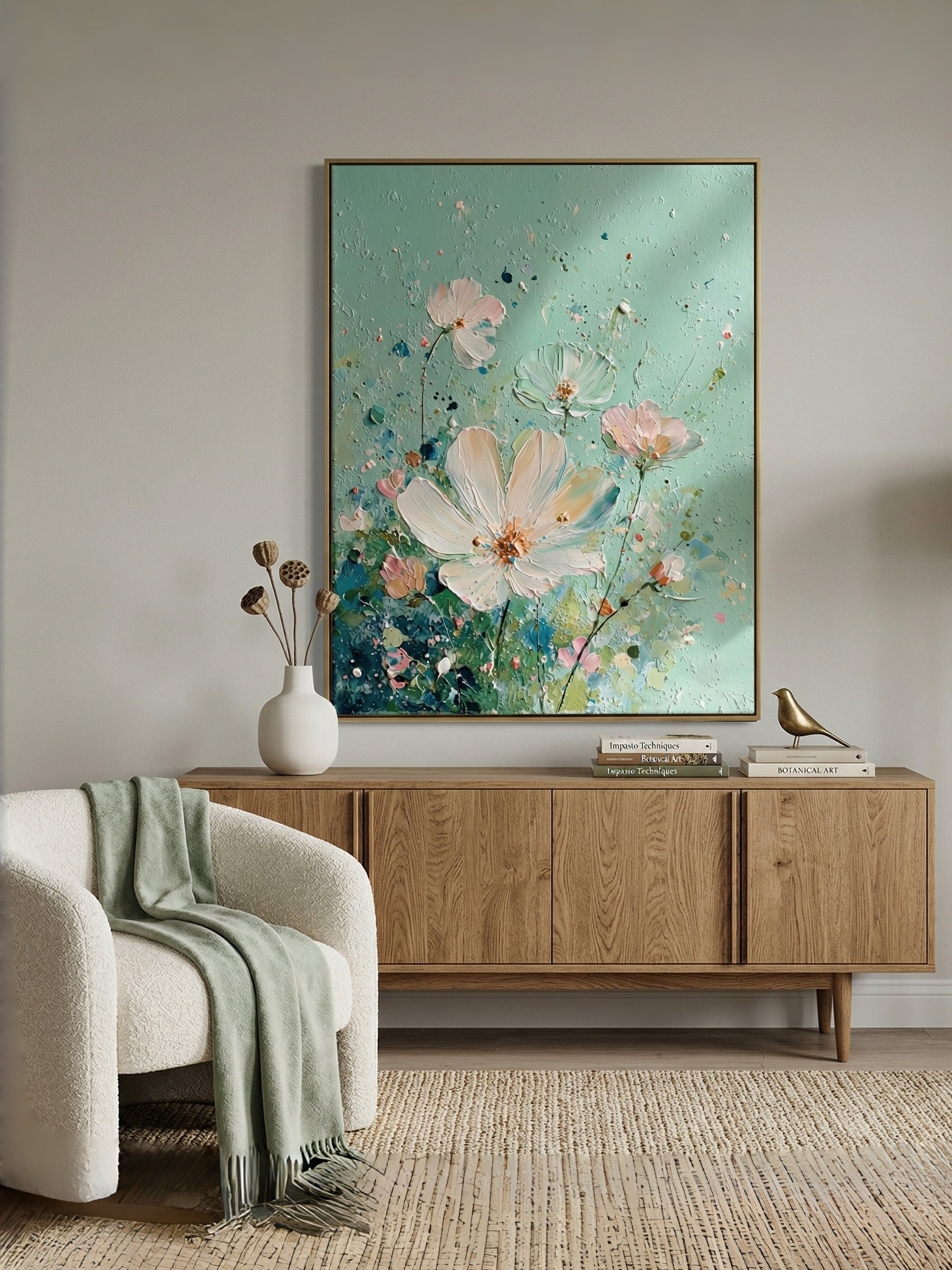 Close-up of 3D heavy textured white flowers with palette knife strokes on a sage green background, hand-painted by Luna Xiao.