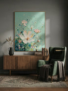 Close-up of 3D heavy textured white flowers with palette knife strokes on a sage green background, hand-painted by Luna Xiao.