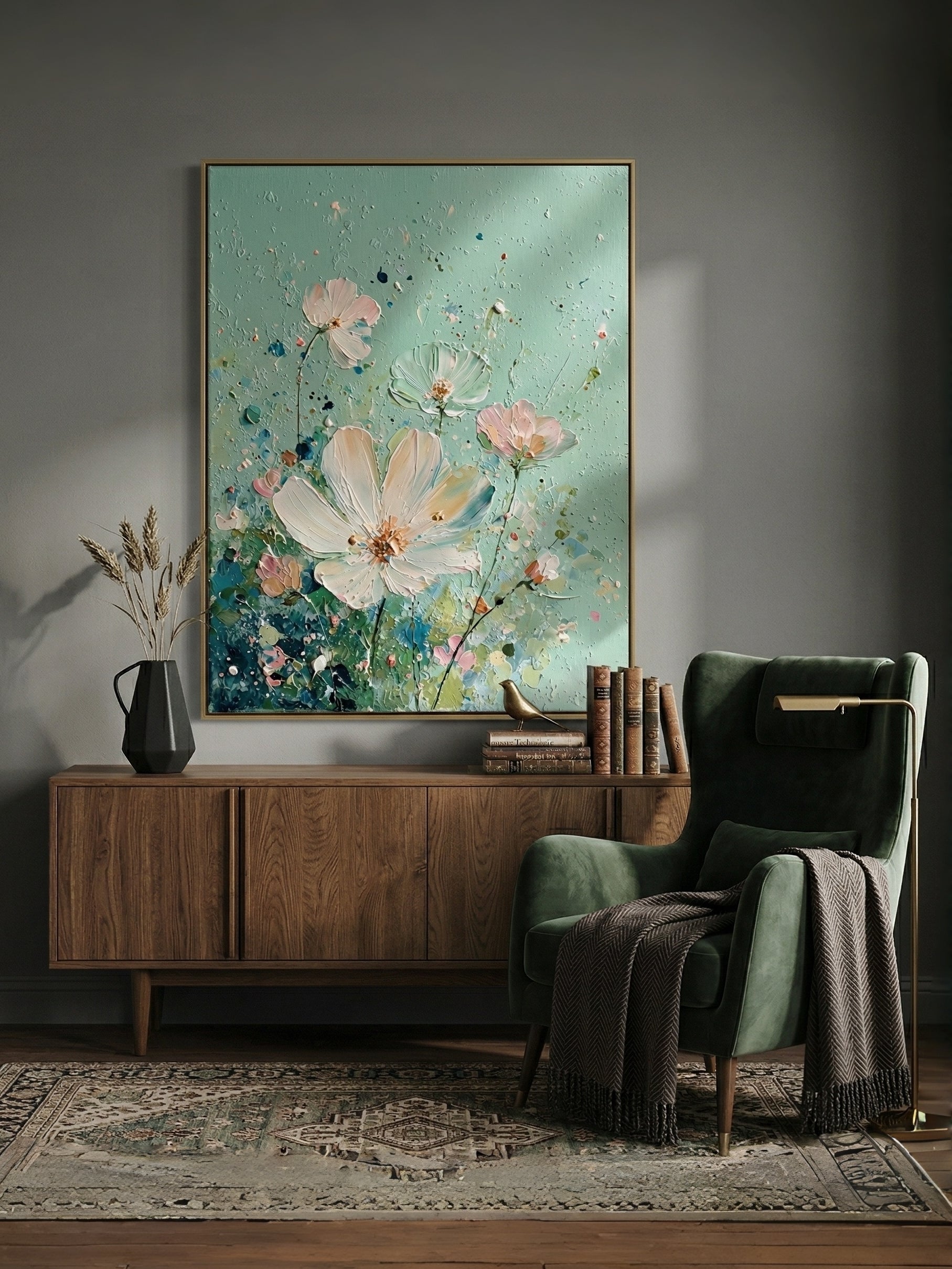 Close-up of 3D heavy textured white flowers with palette knife strokes on a sage green background, hand-painted by Luna Xiao.