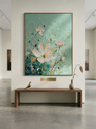 Close-up of 3D heavy textured white flowers with palette knife strokes on a sage green background, hand-painted by Luna Xiao.