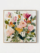 Large square 3D textured floral painting featuring heavy impasto roses in dusty rose and cream on a neutral background.