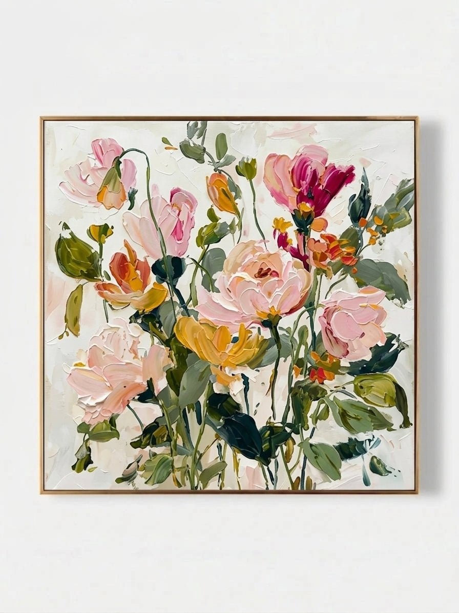 Large square 3D textured floral painting featuring heavy impasto roses in dusty rose and cream on a neutral background.