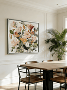 Large square 3D textured floral painting featuring heavy impasto roses in dusty rose and cream on a neutral background.