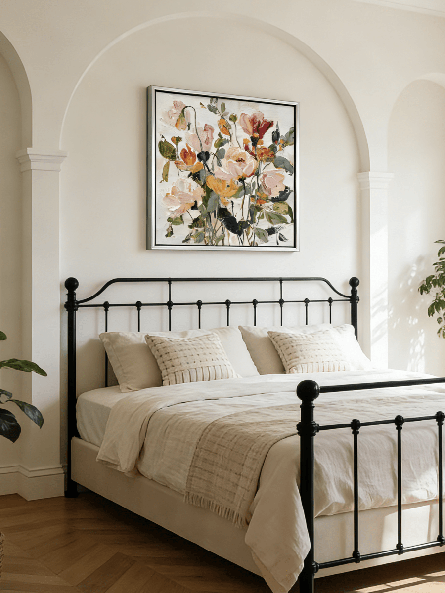 Large square 3D textured floral painting featuring heavy impasto roses in dusty rose and cream on a neutral background.