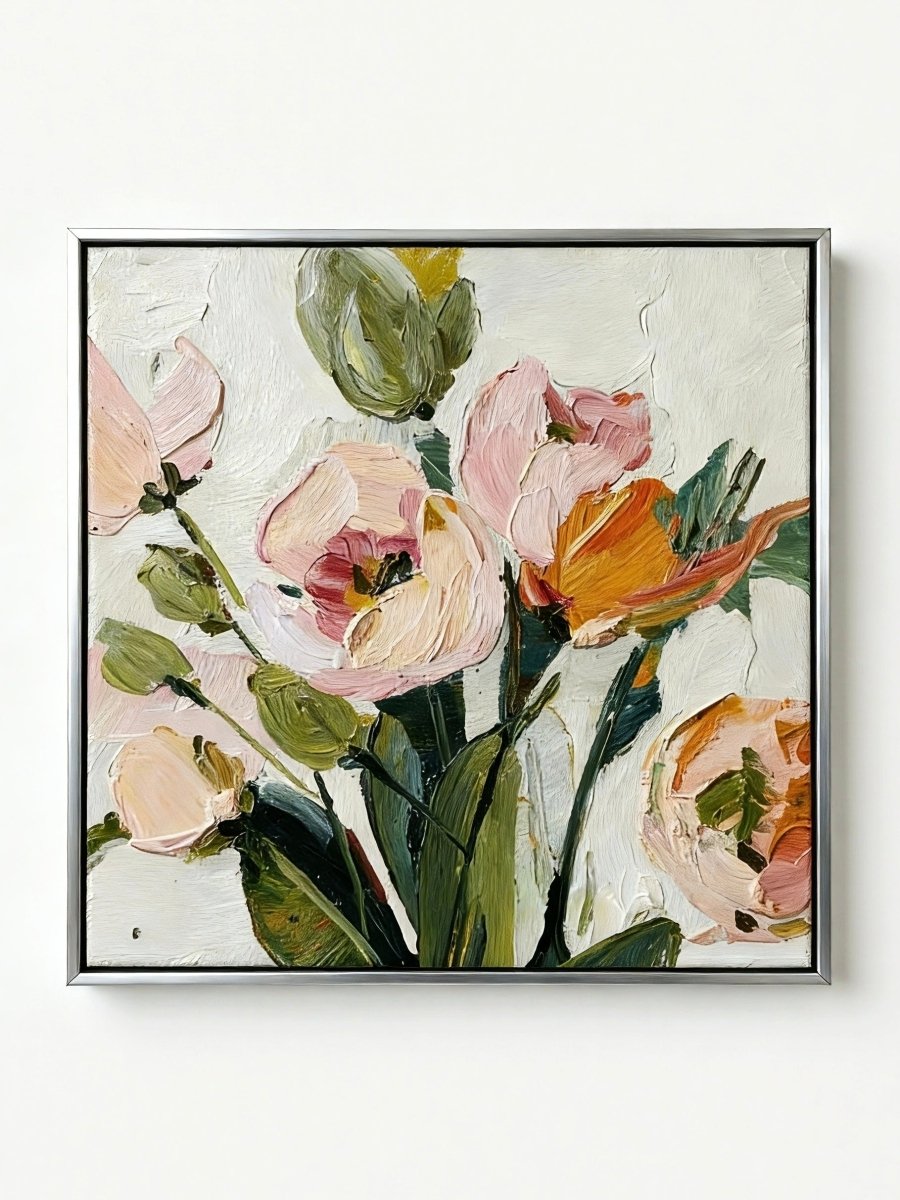 Extra large square 3D white textured floral painting with thick impasto ridges for a minimalist modern entryway.