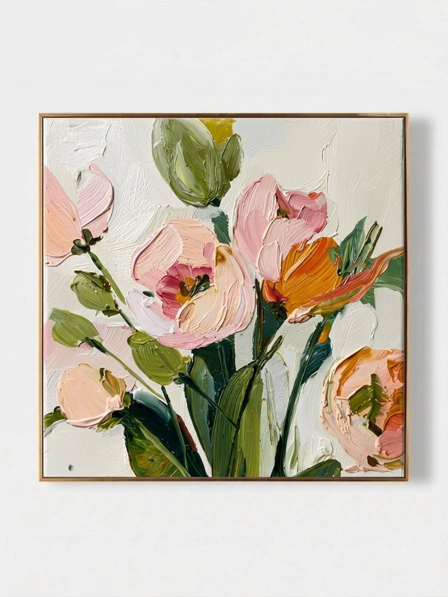 Extra large square 3D white textured floral painting with thick impasto ridges for a minimalist modern entryway.