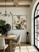 Extra large square 3D white textured floral painting with thick impasto ridges for a minimalist modern entryway.