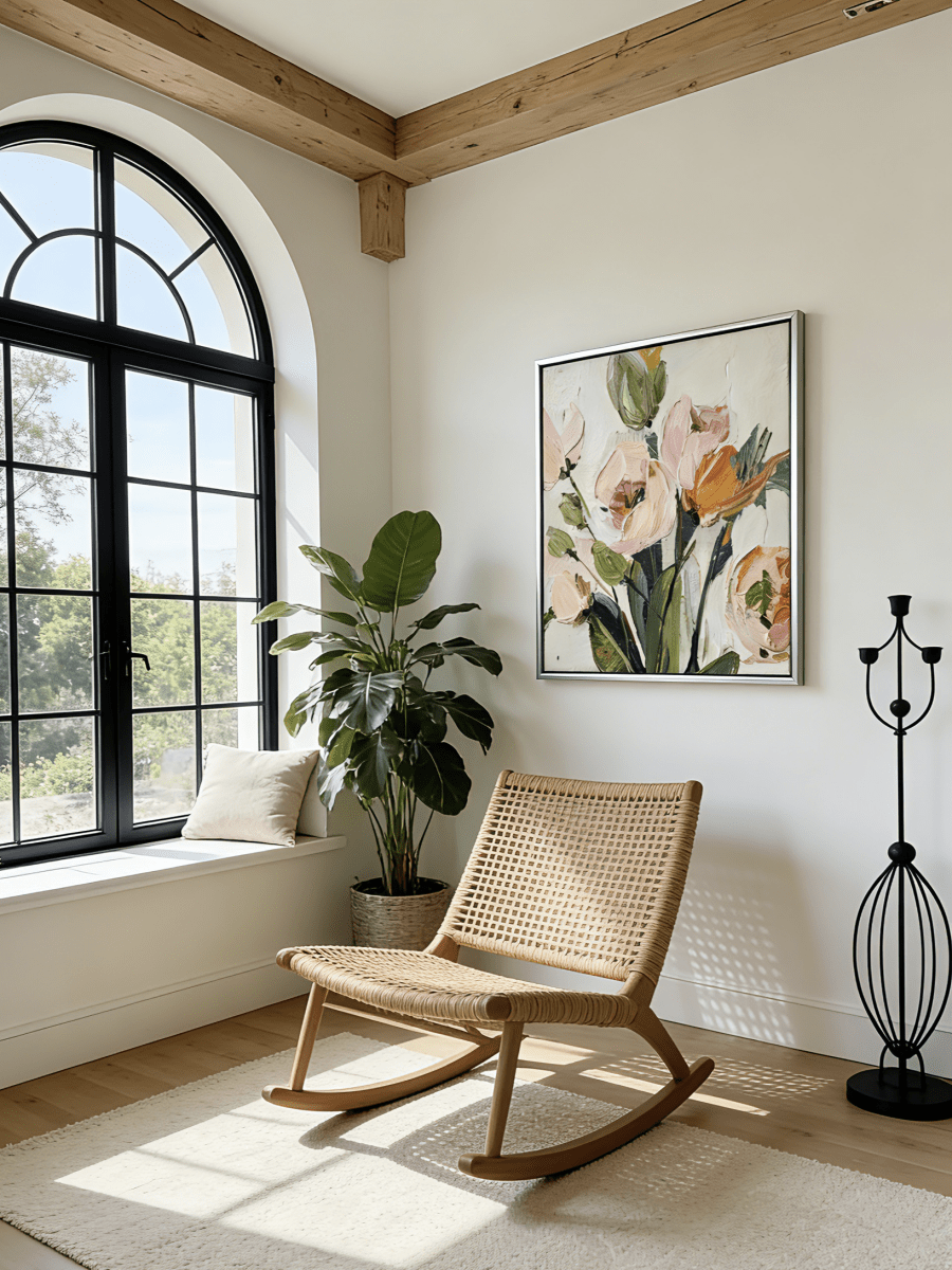 Extra large square 3D white textured floral painting with thick impasto ridges for a minimalist modern entryway.