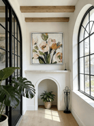 Extra large square 3D white textured floral painting with thick impasto ridges for a minimalist modern entryway.