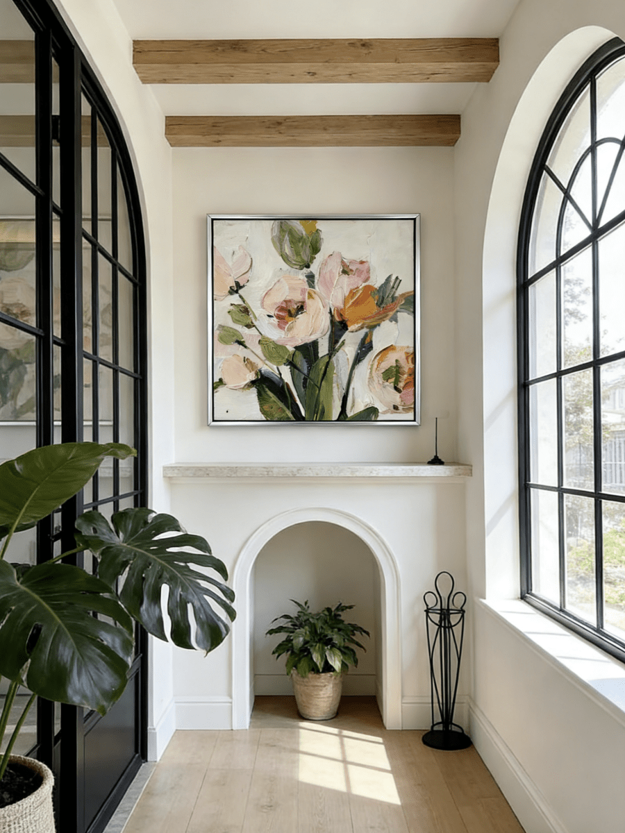 Extra large square 3D white textured floral painting with thick impasto ridges for a minimalist modern entryway.