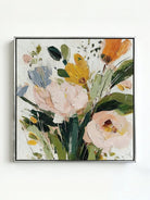Large square 3D textured floral painting showing heavy impasto yellow and peach flowers on a white background in a modern bright living room.