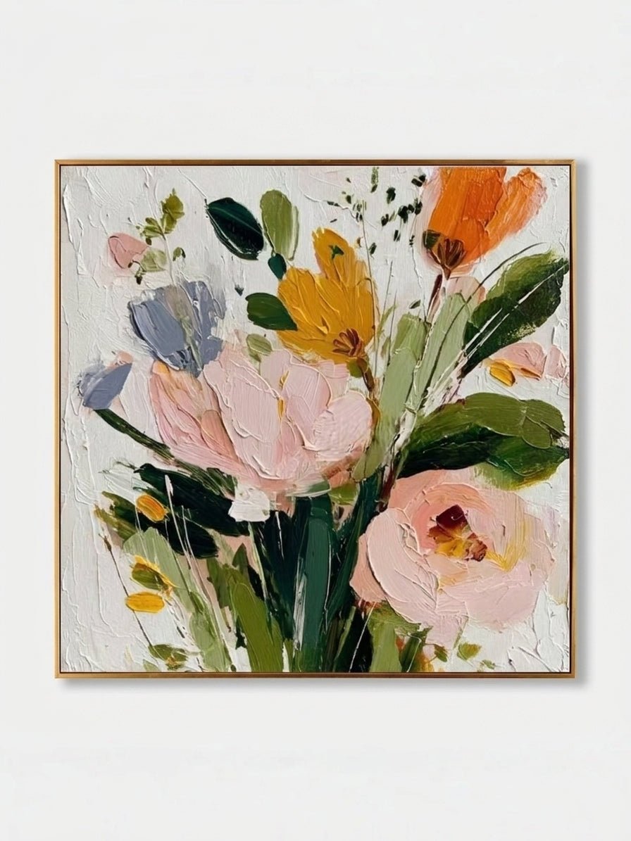 Large square 3D textured floral painting showing heavy impasto yellow and peach flowers on a white background in a modern bright living room.