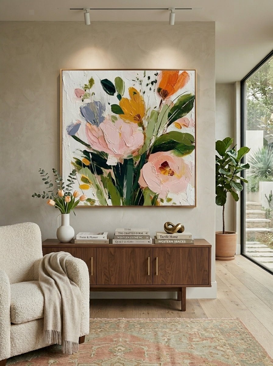 Large square 3D textured floral painting showing heavy impasto yellow and peach flowers on a white background in a modern bright living room.