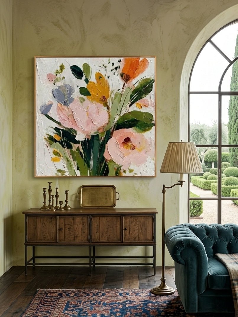Large square 3D textured floral painting showing heavy impasto yellow and peach flowers on a white background in a modern bright living room.