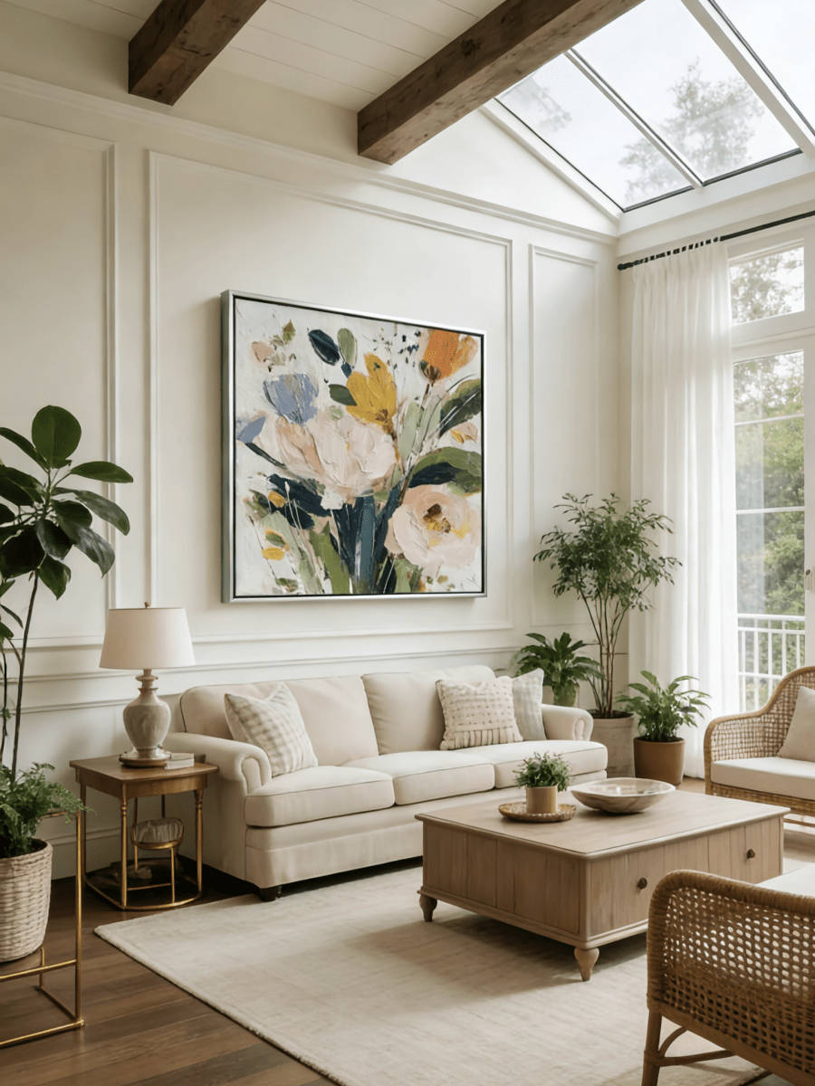 Large square 3D textured floral painting showing heavy impasto yellow and peach flowers on a white background in a modern bright living room.