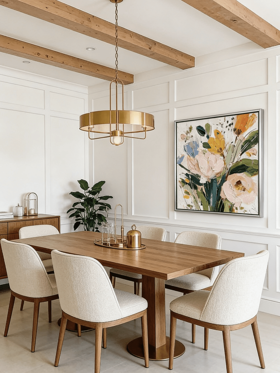 Large square 3D textured floral painting showing heavy impasto yellow and peach flowers on a white background in a modern bright living room.