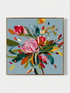 Large square hand-painted expressionist floral oil painting with vibrant pink and yellow flowers on a slate blue background