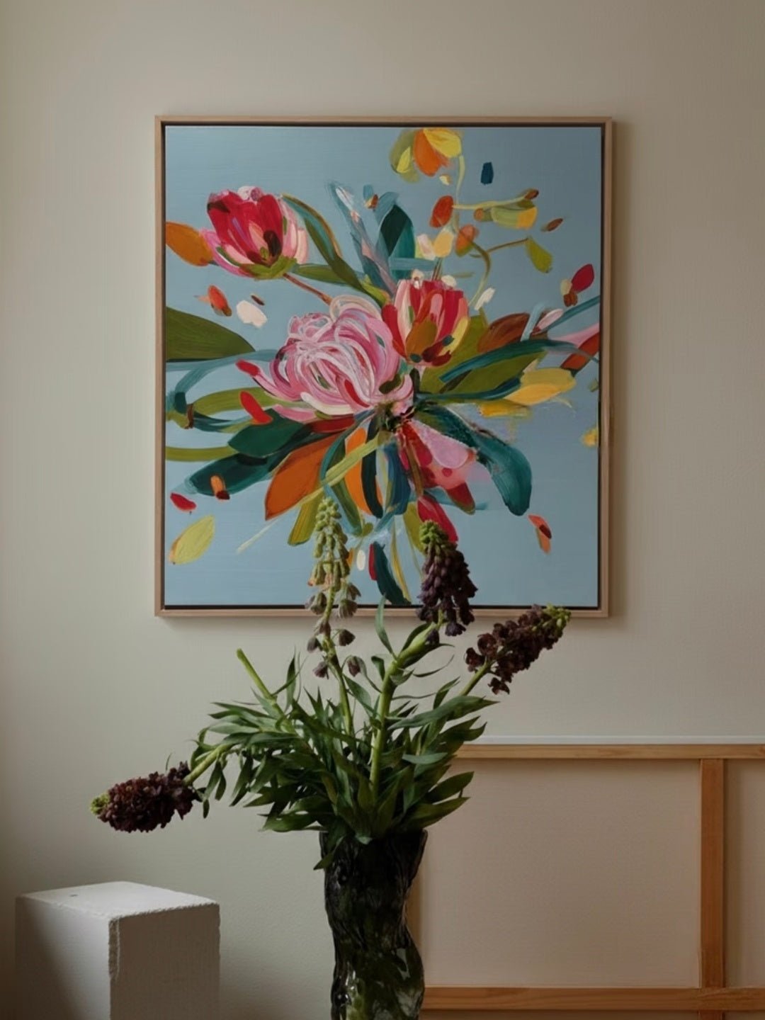 Large square hand-painted expressionist floral oil painting with vibrant pink and yellow flowers on a slate blue background