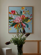 Large square hand-painted expressionist floral oil painting with vibrant pink and yellow flowers on a slate blue background