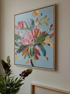 Large square hand-painted expressionist floral oil painting with vibrant pink and yellow flowers on a slate blue background