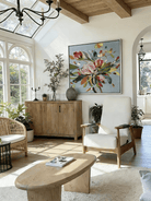 Large square hand-painted expressionist floral oil painting with vibrant pink and yellow flowers on a slate blue background