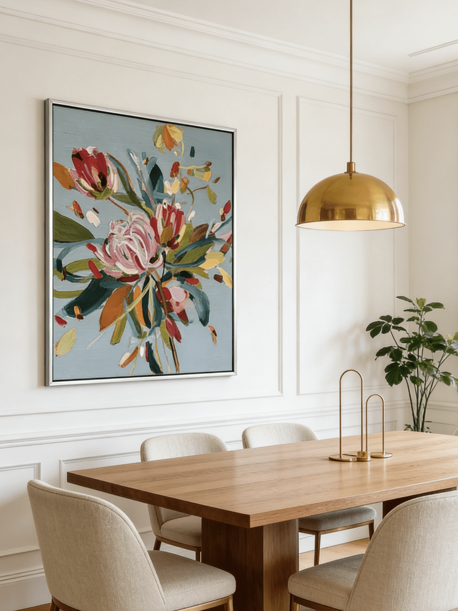 Large square hand-painted expressionist floral oil painting with vibrant pink and yellow flowers on a slate blue background