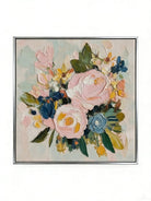 Large square 3D textured floral painting featuring heavy impasto pink and blue flowers in a modern luxury living room.