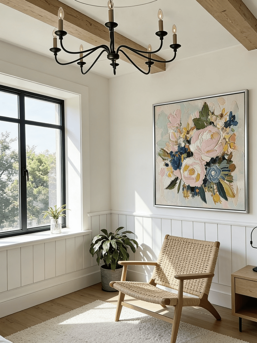 Large square 3D textured floral painting featuring heavy impasto pink and blue flowers in a modern luxury living room.