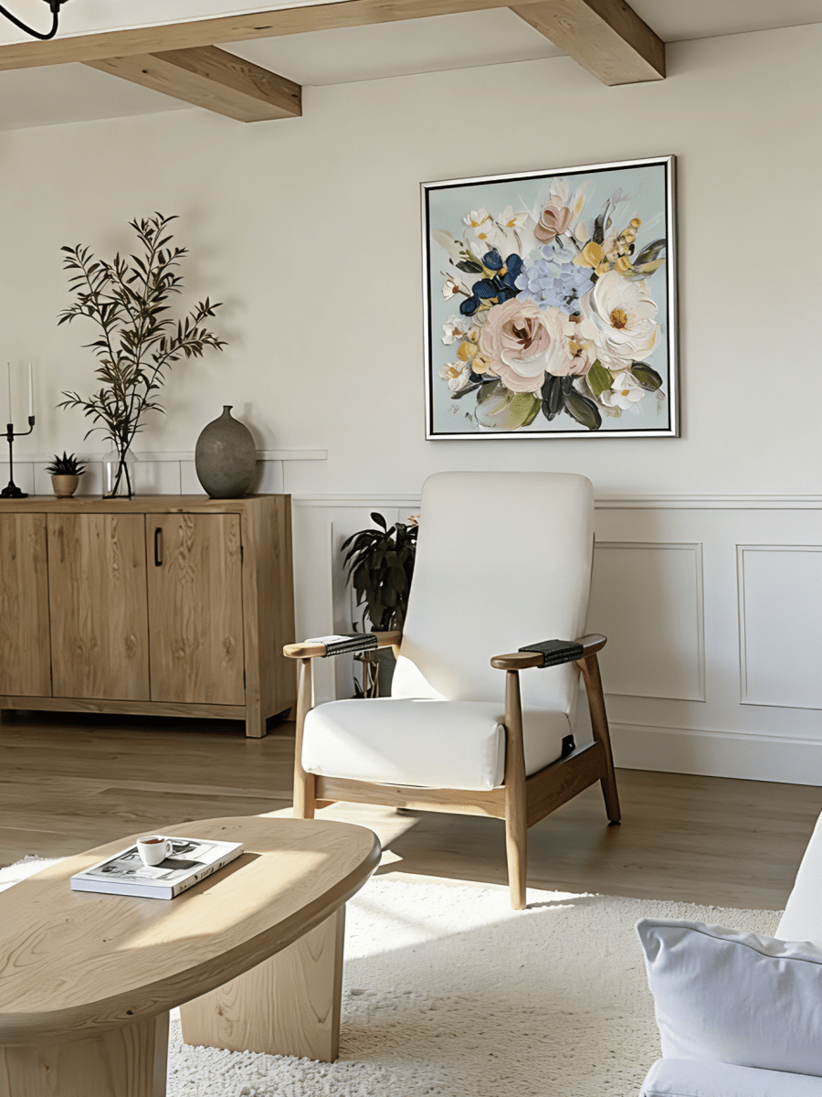 Large square 3D textured floral painting showing heavy impasto pink and white flowers on a light blue background in a modern living room.
