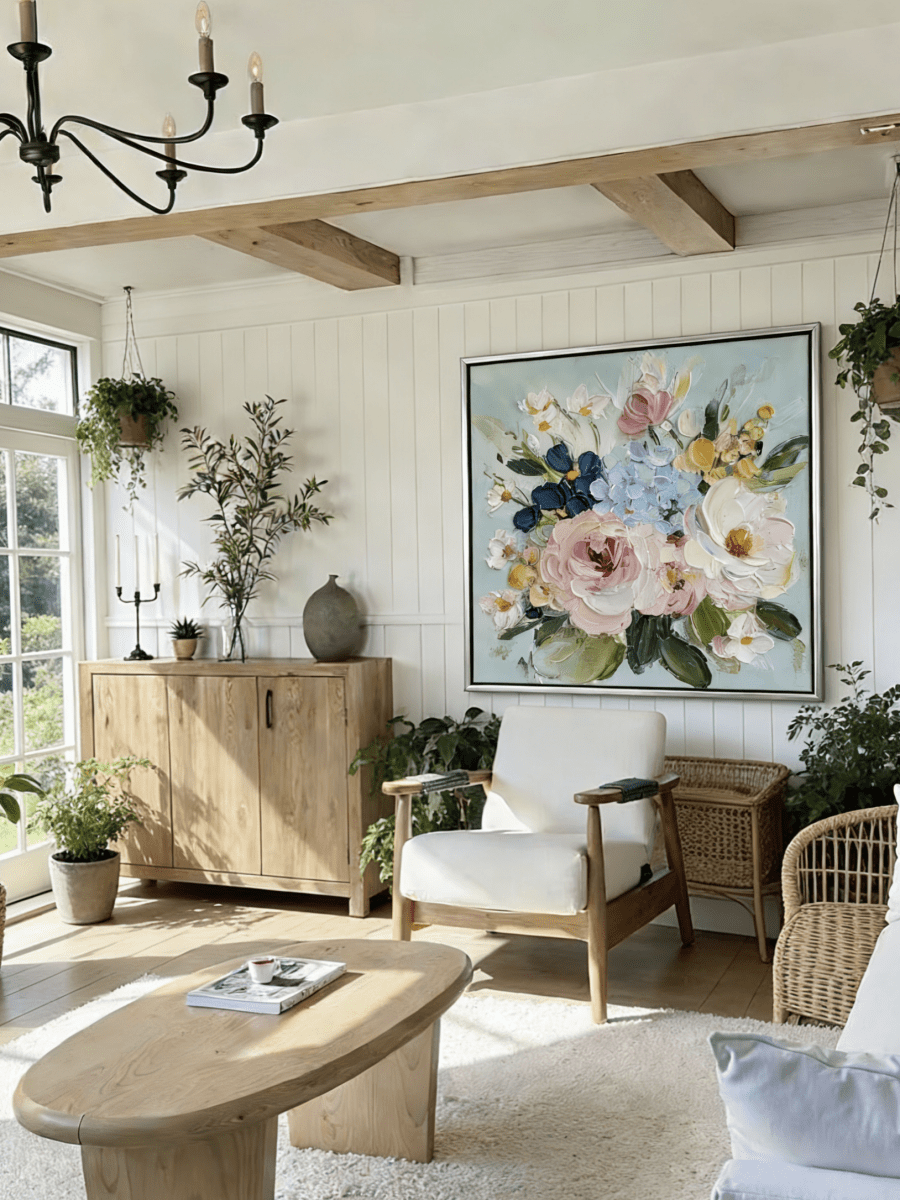Large square 3D textured floral painting showing heavy impasto pink and white flowers on a light blue background in a modern living room.
