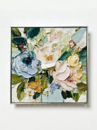 Large square 3D textured floral painting showing heavy impasto green and white flowers in a modern bright living room.