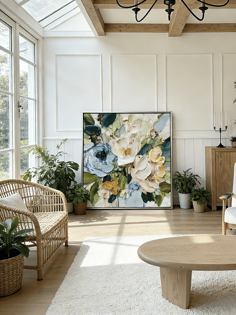 Large square 3D textured floral painting showing heavy impasto green and white flowers in a modern bright living room.