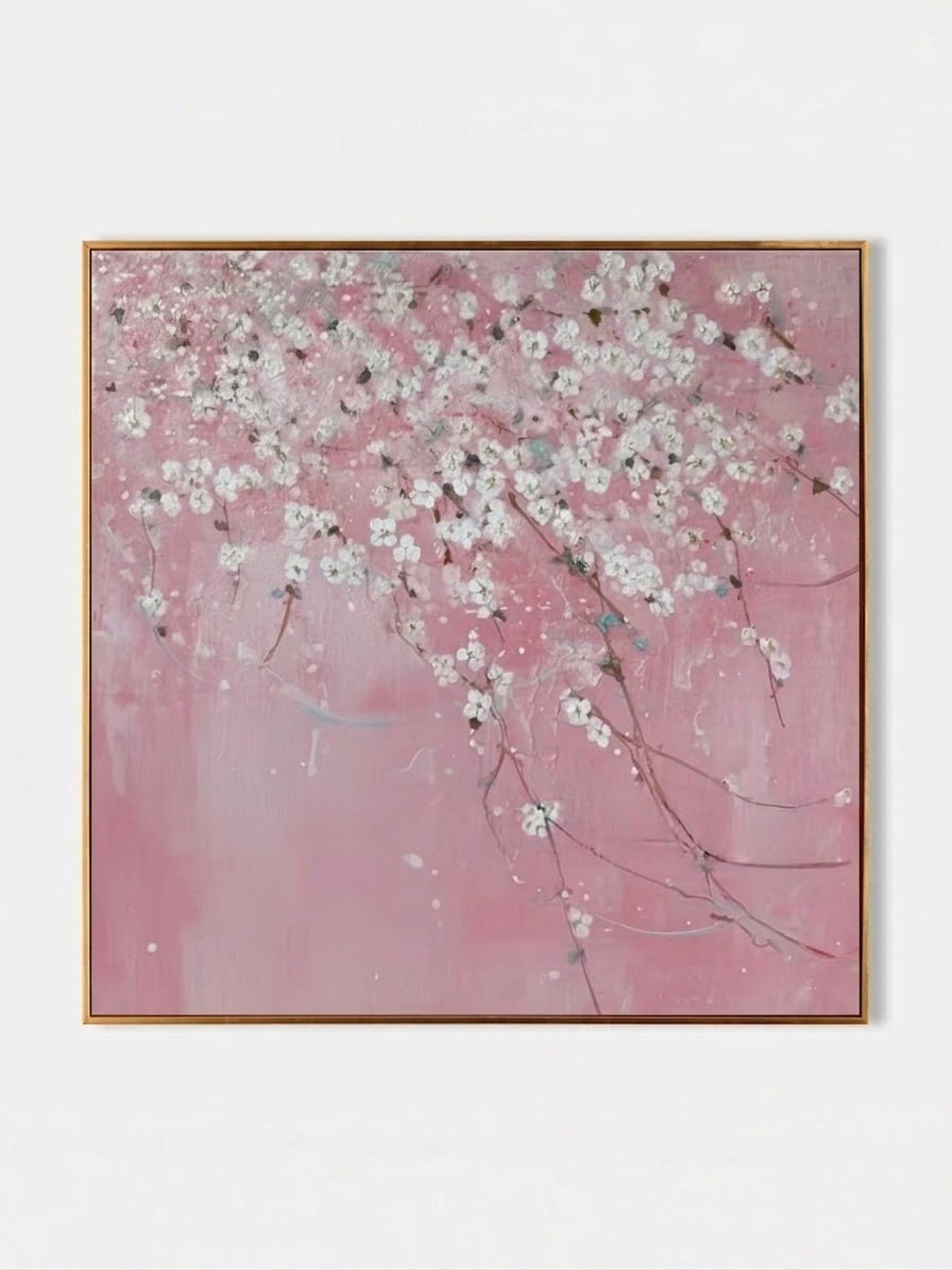 Close-up of large 3D textured abstract painting showing heavy white and taupe impasto ridges on canvas in a luxury living room.