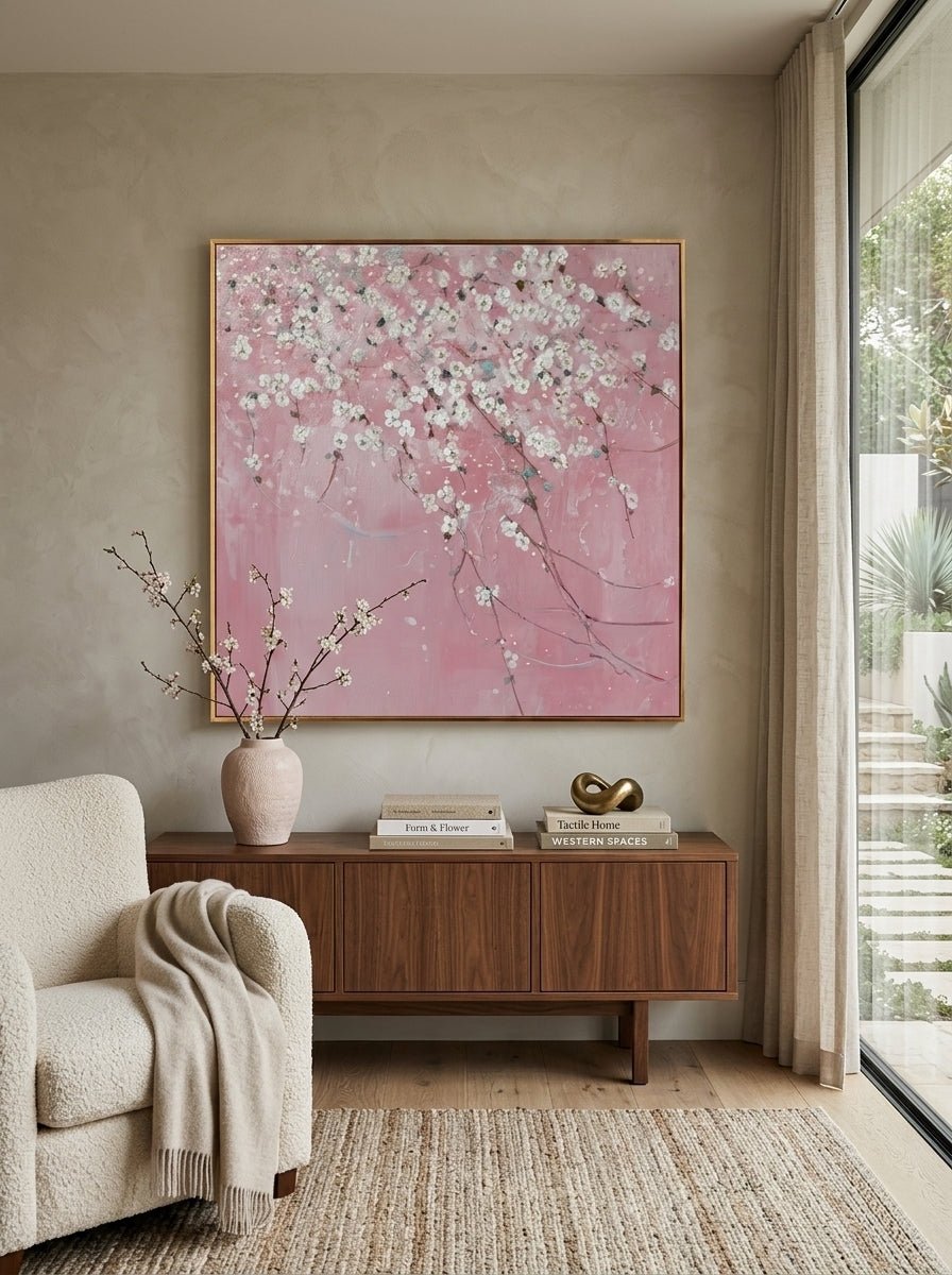 Close-up of large 3D textured abstract painting showing heavy white and taupe impasto ridges on canvas in a luxury living room.