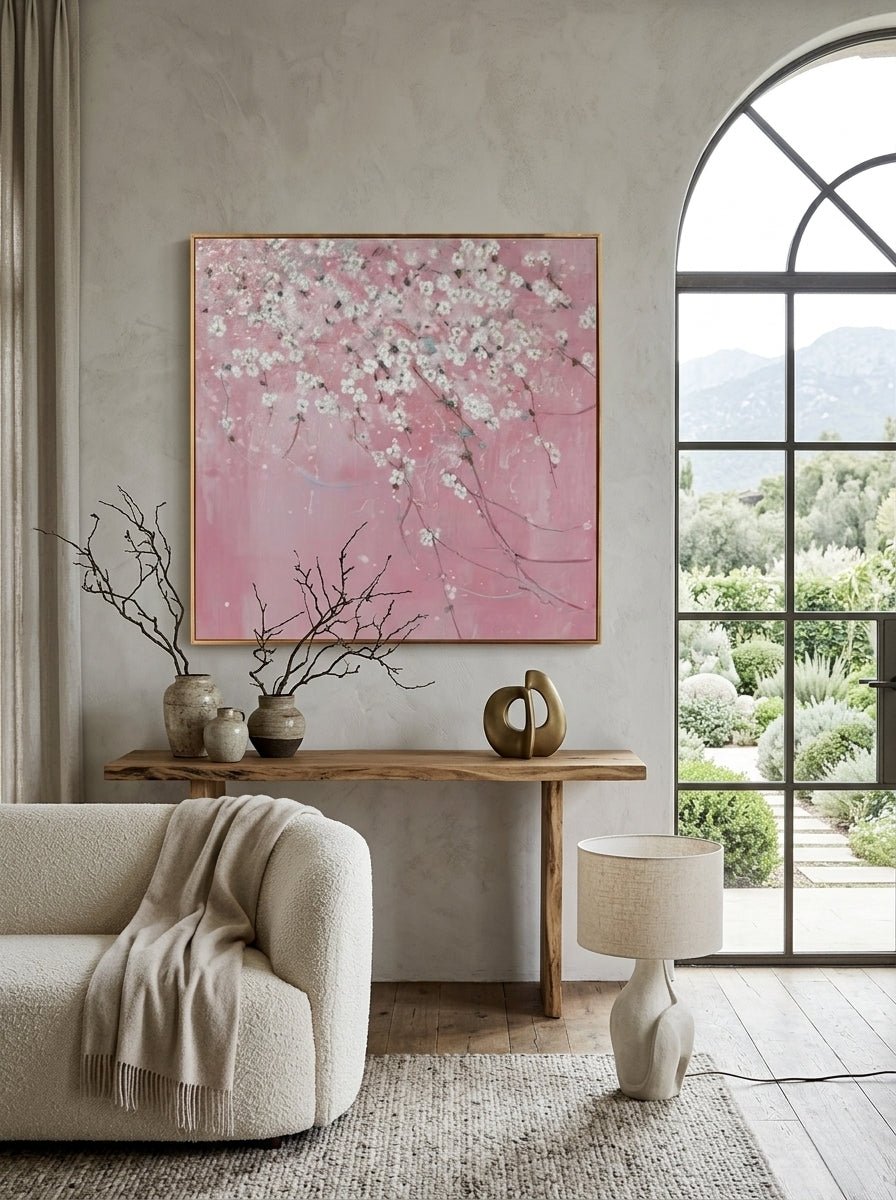 Close-up of large 3D textured abstract painting showing heavy white and taupe impasto ridges on canvas in a luxury living room.