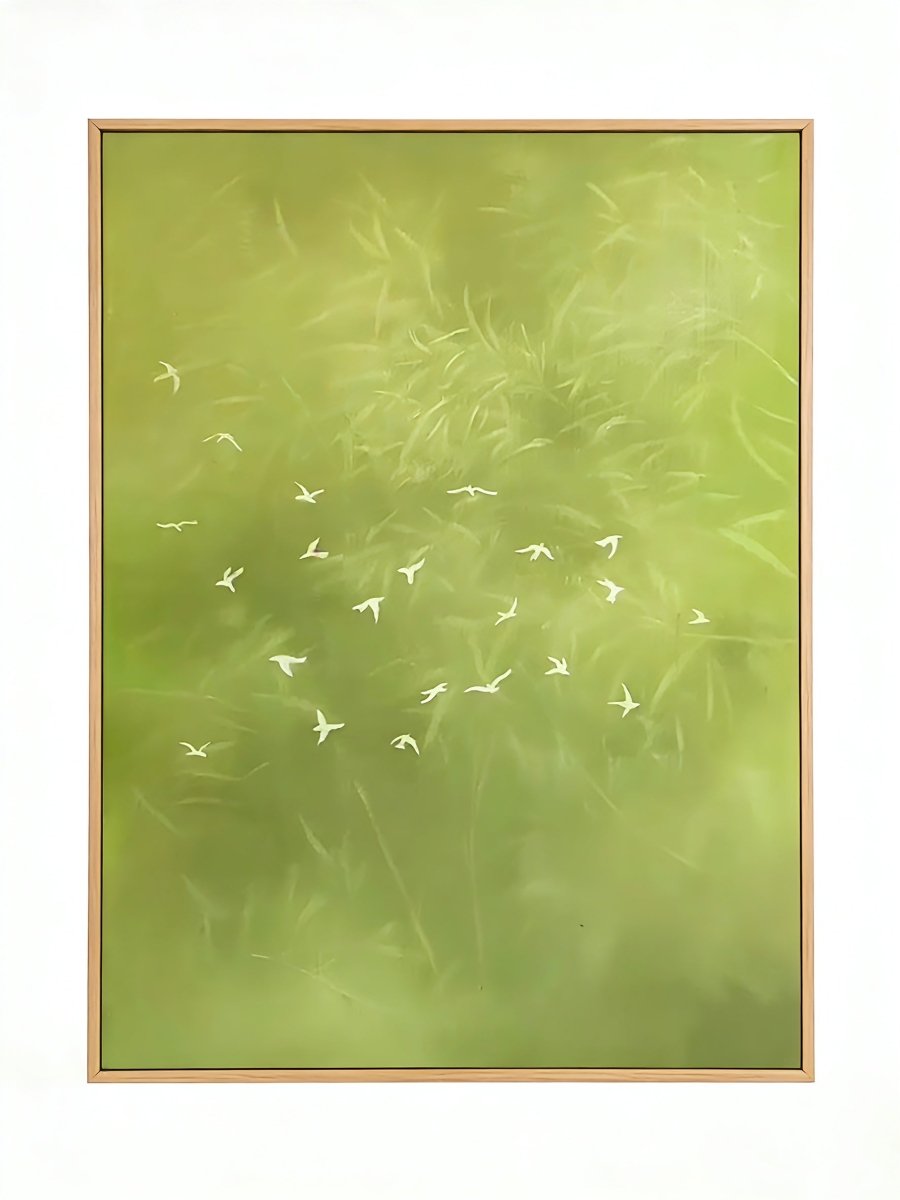 Large vertical hand-painted abstract forest painting in sage green with white flying birds by Luna Xiao in a modern neutral bedroom.