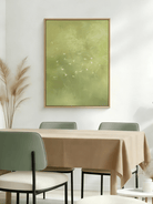 Large vertical hand-painted abstract forest painting in sage green with white flying birds by Luna Xiao in a modern neutral bedroom.
