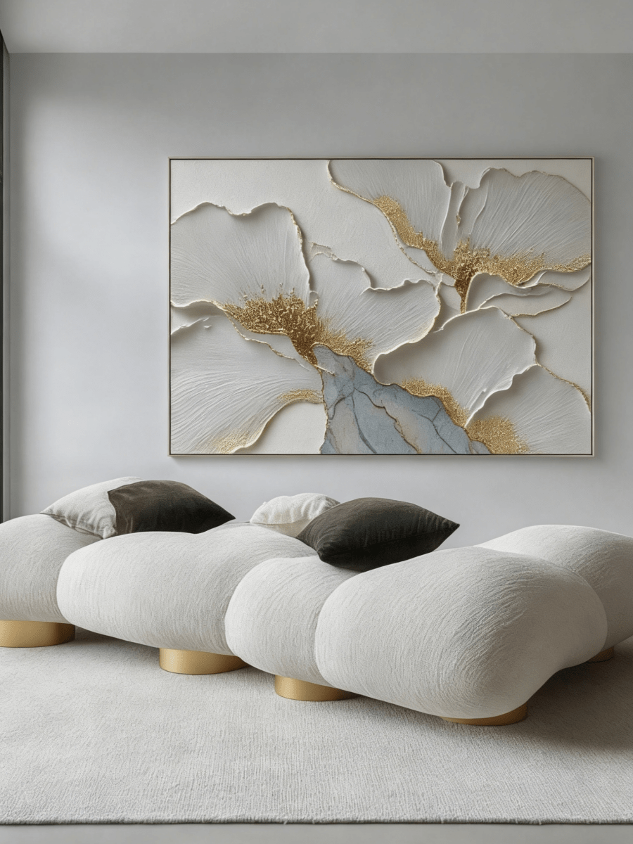 Close-up of 3D heavy impasto texture on a hand-painted white flower with gold foil accents by Luna Xiao, showing sculptural depth on canvas.