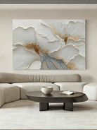 Close-up of 3D heavy impasto texture on a hand-painted white flower with gold foil accents by Luna Xiao, showing sculptural depth on canvas.