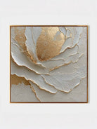 Macro shot of heavy 3D impasto texture on a white and gold abstract painting by Luna Xiao, showing deep sculptural ridges and gold leaf reflections.
