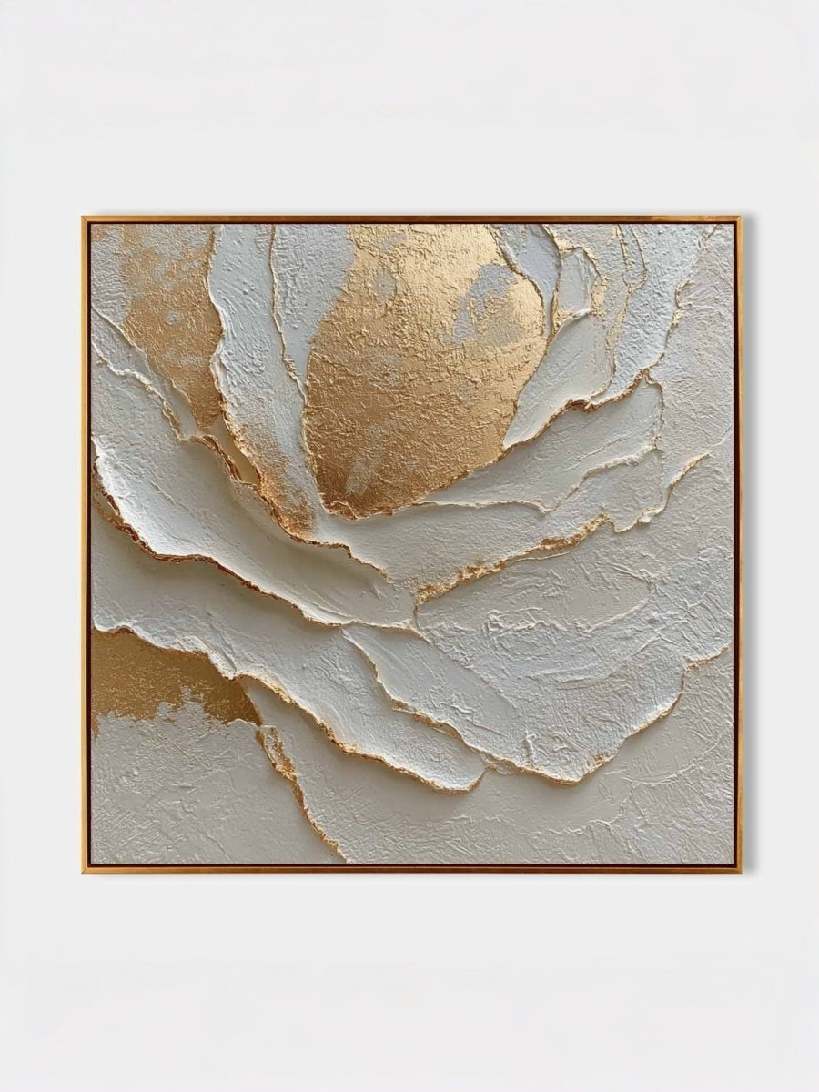 Macro shot of heavy 3D impasto texture on a white and gold abstract painting by Luna Xiao, showing deep sculptural ridges and gold leaf reflections.