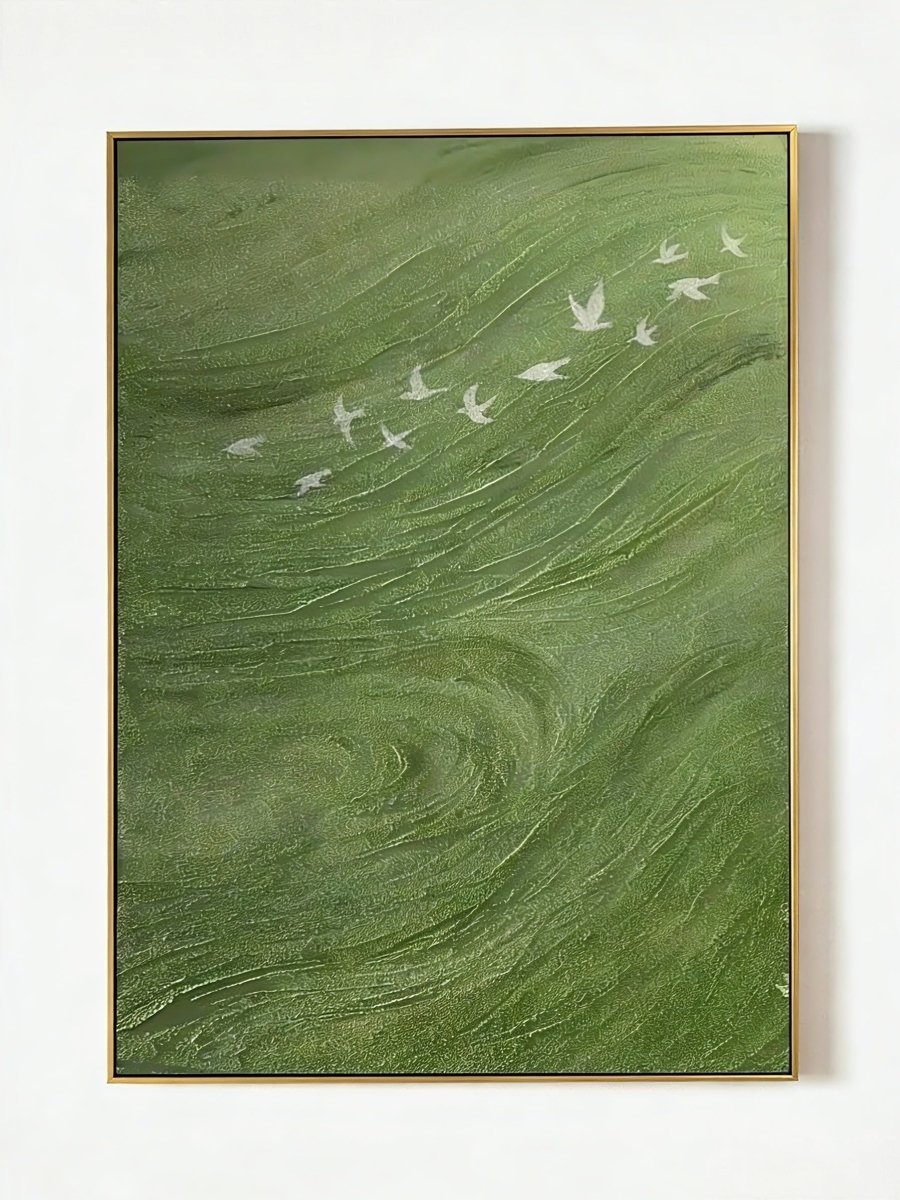 Hand-painted contemporary abstract oil painting by artist Luna Xiao, featuring high-texture impasto sage green waves and a flock of white birds in flight, in a metallic gold frame. Available sizes: 20x24 to 60x80 inches.